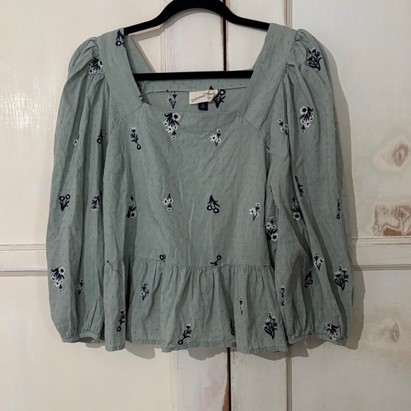 Universal Thread Tops - Light Sage Embroidered Peplum Blouse - Women